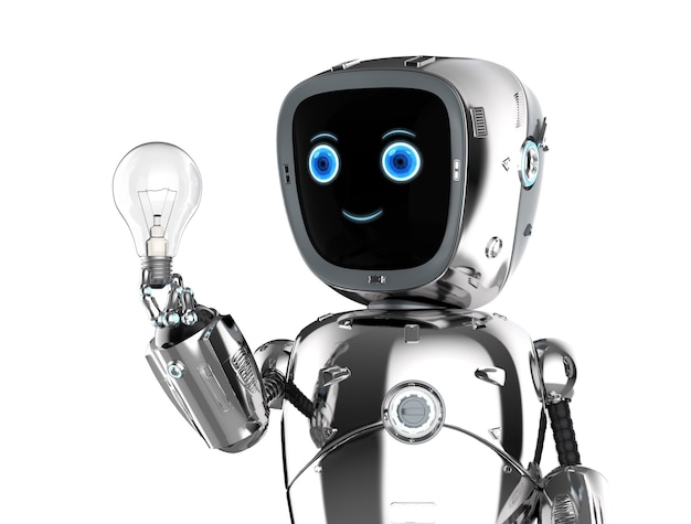 Assistente robot di rendering 3d con lampadina idea