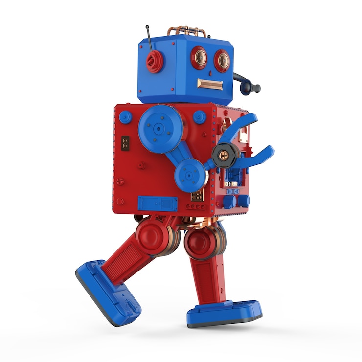 Foto 3d-rendering robot blikken speelgoed op witte achtergrond