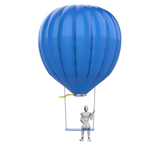 3d rendering robot on blue hot air balloon with swing isolated on white