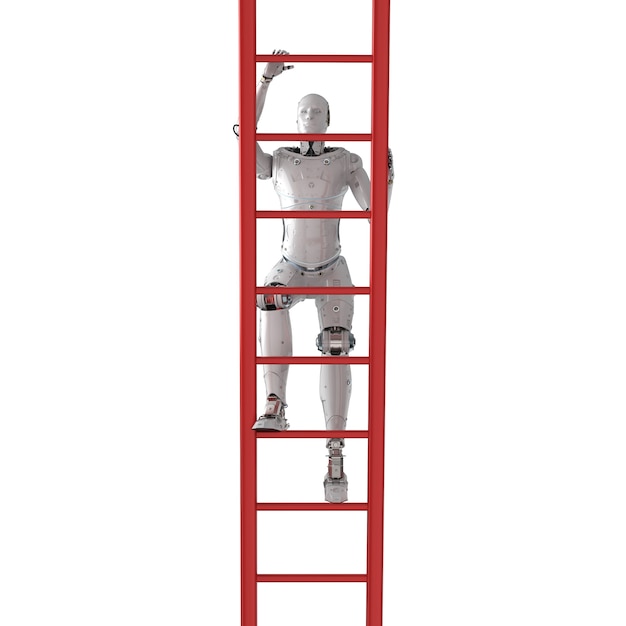 흰색에 고립 된 3d 렌더링 로봇 등반 빨간 사다리