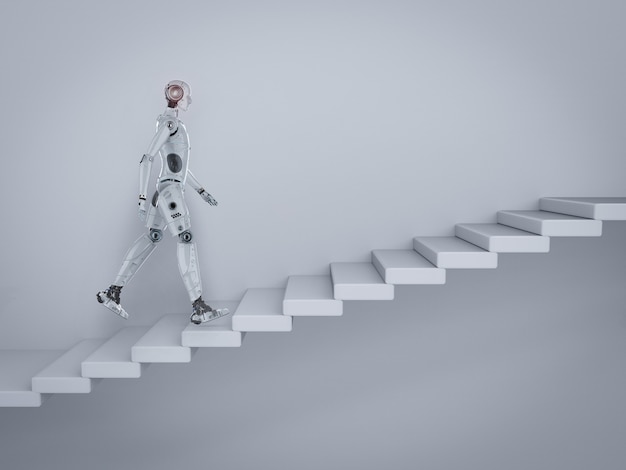 3d rendering robot climb or walk up staircase