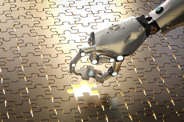 퍼즐 조각을 채우는 3d 렌더링 로봇
