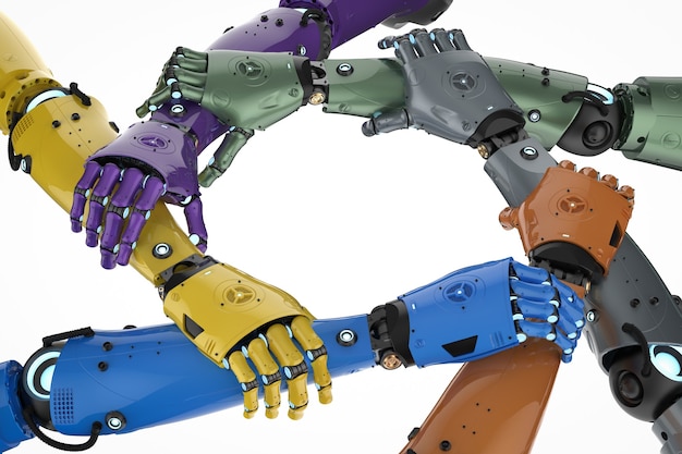 Foto 3d-rendering robot hand bij elkaar houden of robot teamwork