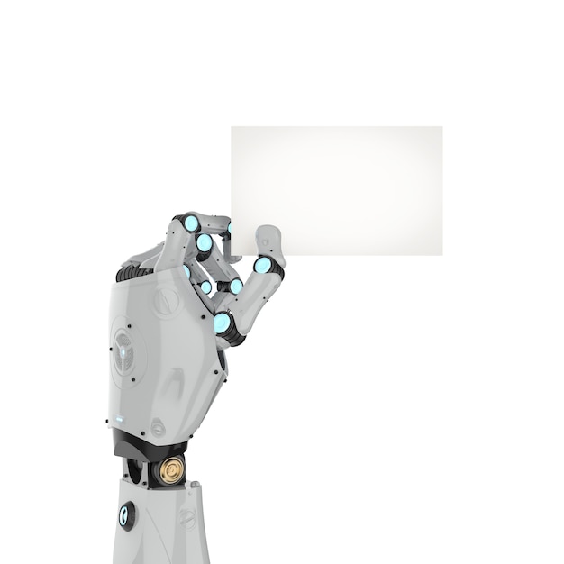 Рука робота-рендеринга 3d, держащая пустую визитную карточку, изолированную на белом