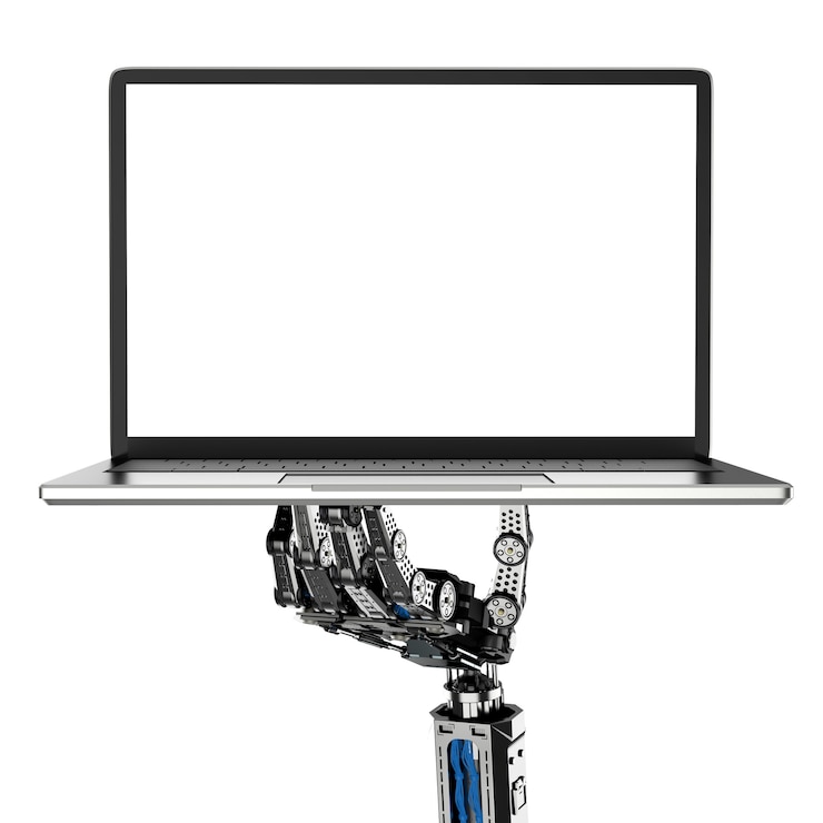 Photo 3d rendering robot hand holding blank screen computer notebook