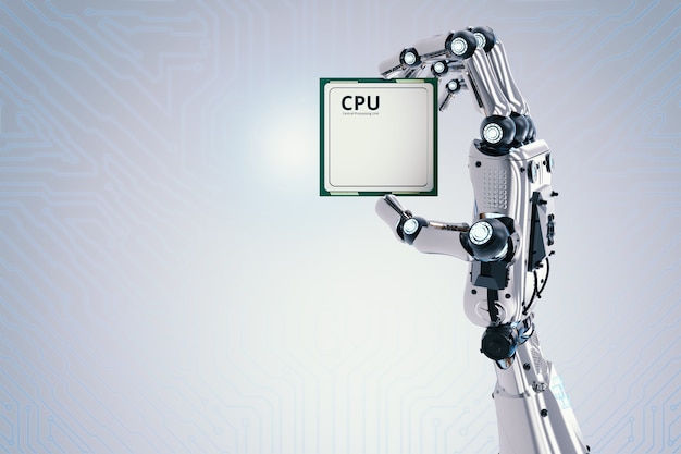 3d rendering robot hand holding cpu chip or microchip