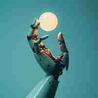 Photo 3d rendering robot hand holding round light on turquoise background future technology concept