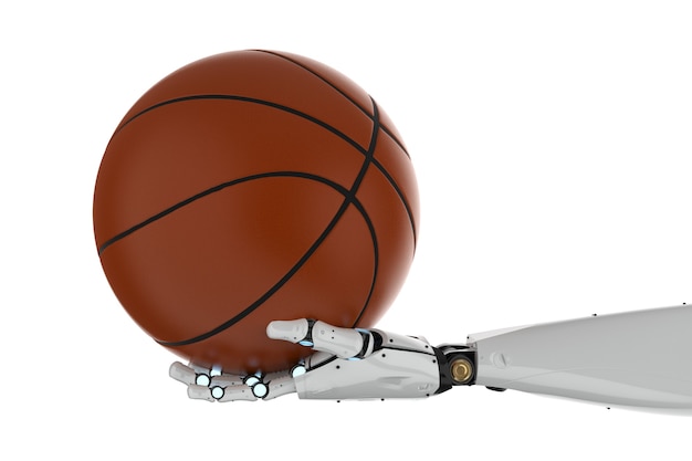 3D-rendering robot hand met basketbal op witte achtergrond