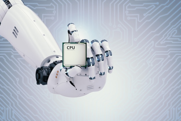 3d-rendering robot hand met cpu-chip of microchip