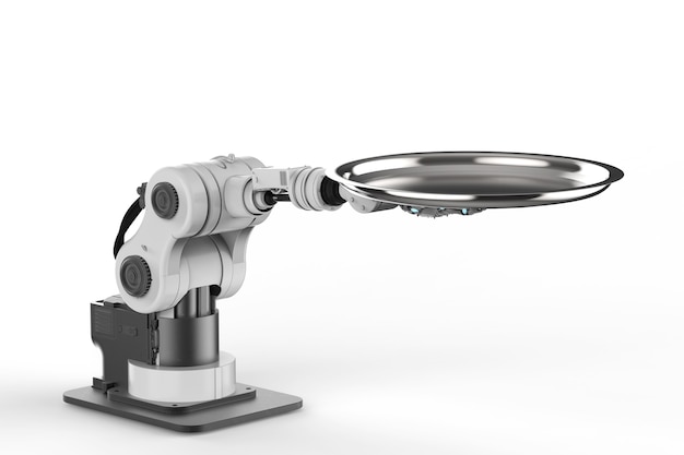 3D-rendering robot hand met dienblad op witte achtergrond