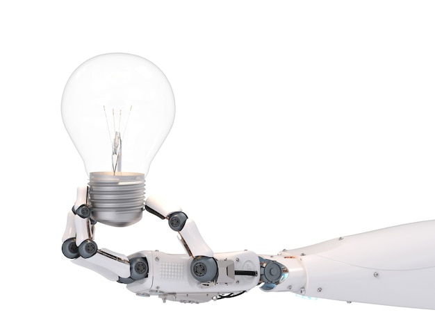 3D-rendering robot hand met gloeilamp