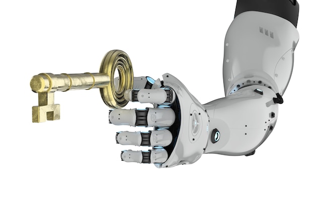 3D-rendering robot hand met gouden sleutel geïsoleerd op wit