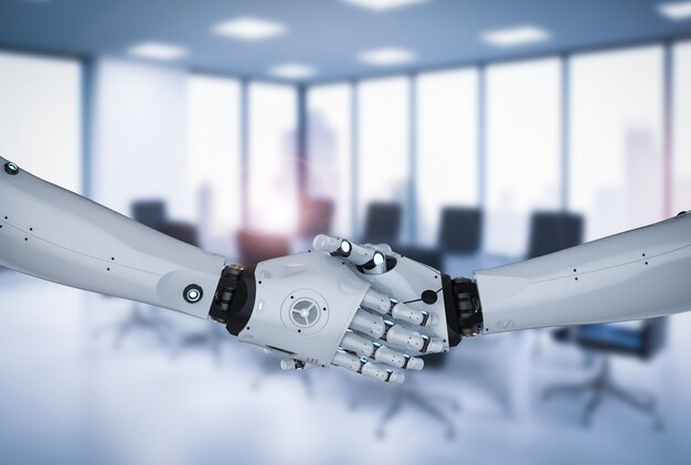 3d rendering robot stretta di mano sullo sfondo dell'ufficio