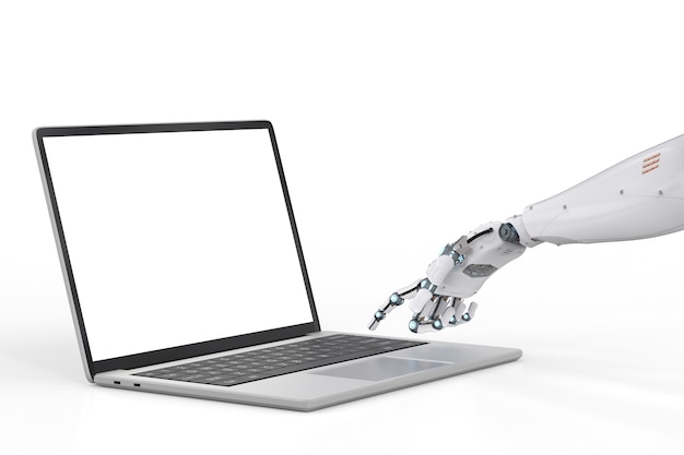 3D-rendering robot hand werken met computertoetsenbord