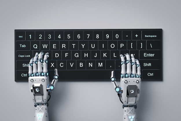 Foto 3d-rendering robot hand werken met computertoetsenbord
