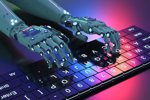 3d rendering robot hand working with computer keyboard