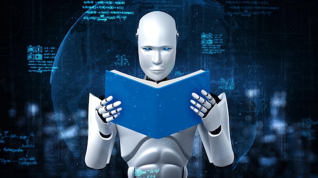Photo 3d rendering of robot hominoid reading book and solving math