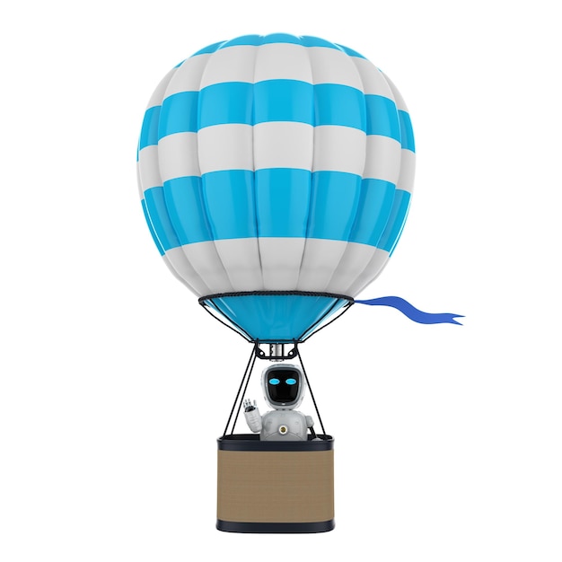 3d rendering robot on hot air balloon isolated on white