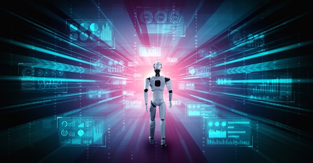 Робот-гуманоид 3D-рендеринга анализирует большие данные с помощью искусственного интеллекта