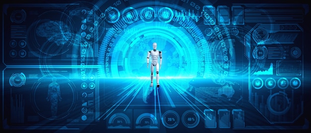 Rendering 3d robot umanoide che analizza i big data utilizzando il pensiero ai