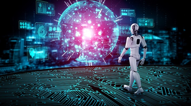 Robot umanoide di rendering 3d che analizza i big data utilizzando il pensiero ai