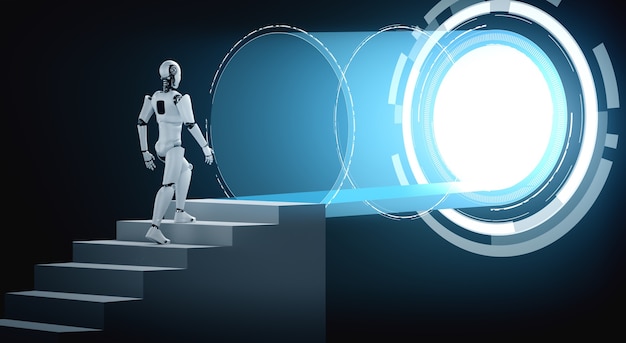 Фото 3d-рендеринг робот-гуманоид поднимается по лестнице к успеху