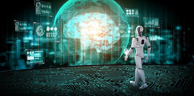 3D-rendering robot humanoïde die big data analyseert met behulp van AI-denken