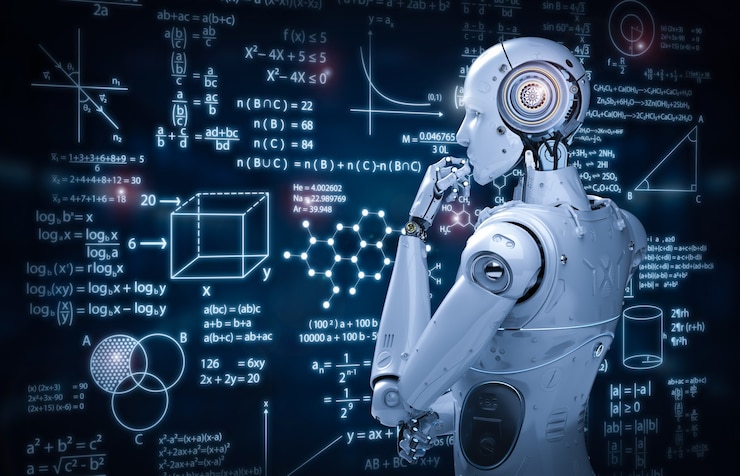 Foto 3d rendering robot leren of machine leren met onderwijs hud interface