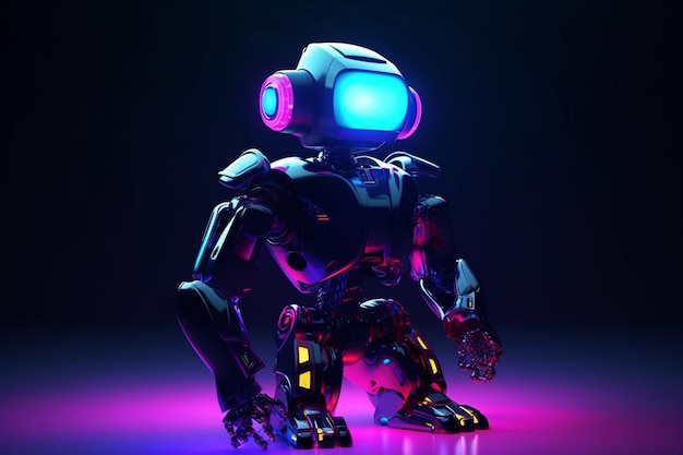 暗い背景のネオン光でロボットの3Dレンダリング