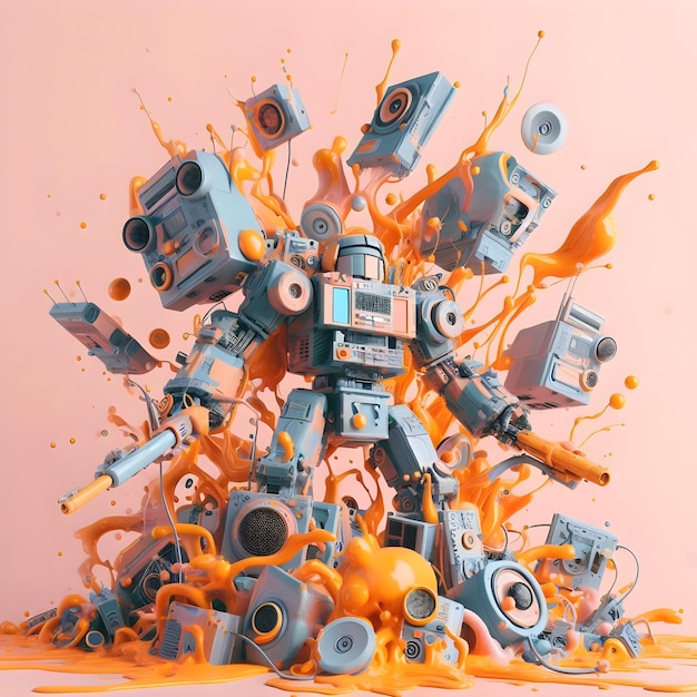 Photo 3d rendering of a robot in orange and blue paint splashes