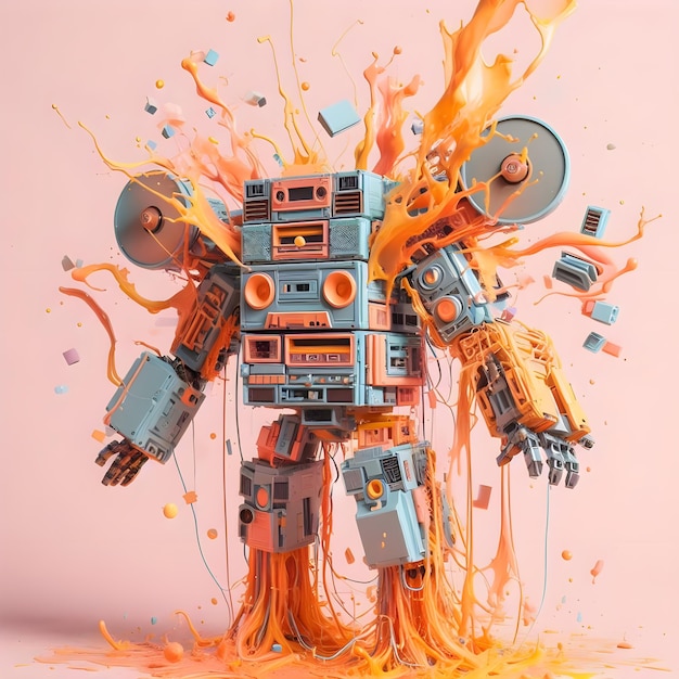 Photo 3d rendering of a robot in orange and blue paint splashes