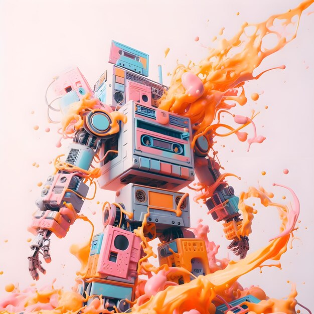 Photo 3d rendering of a robot in orange and blue paint splashes