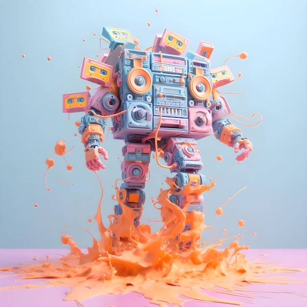 Photo 3d rendering of a robot in orange and blue paint splashes