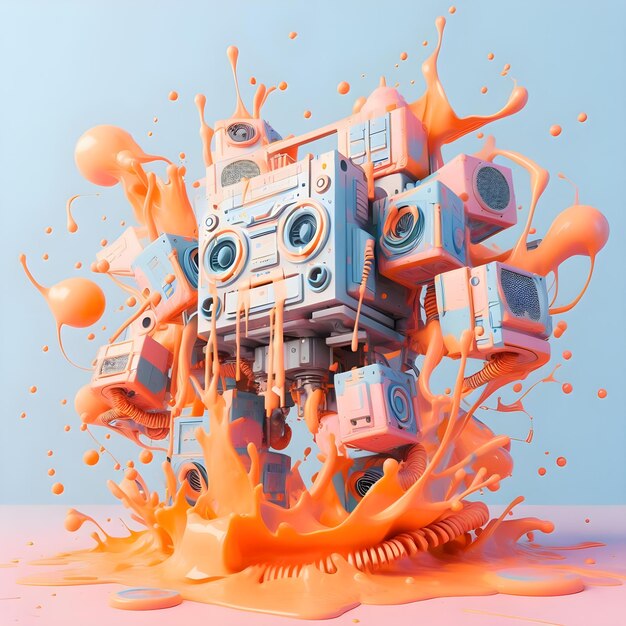 Photo 3d rendering of a robot in orange and blue paint splashes