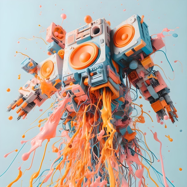 Photo 3d rendering of a robot in orange and blue paint splashes