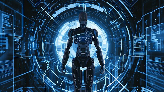 Photo a 3d rendering of a robot standing in a digital space the robot is black and has a metallic finish