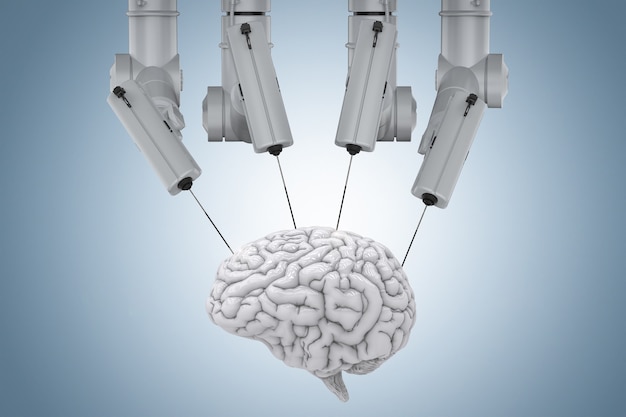 3d-рендеринг роботизированной хирургии с мозгом на синем фоне