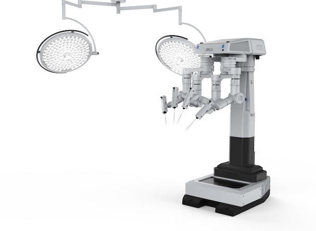 흰색 배경에 수술 조명이 있는 3d 렌더링 로봇 수술 기계