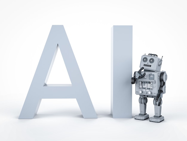 3d rendering robot tin toy with ai text on white background