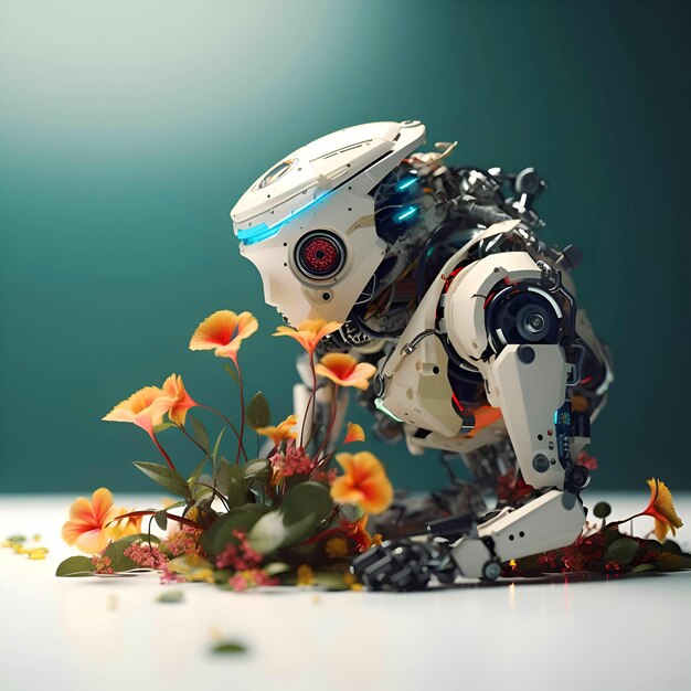 Photo 3d rendering robot with flowers on green background futuristic concept