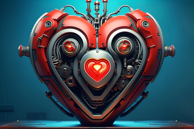 3d rendering of a robot with red heart on the blue background