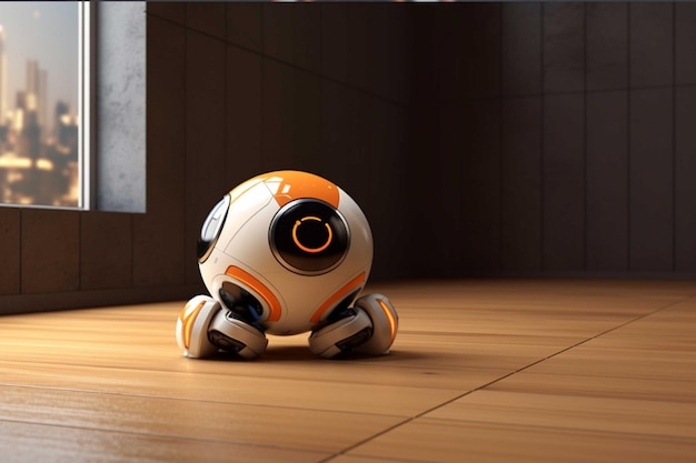 3d rendering of a robot on a wooden floor with copy space