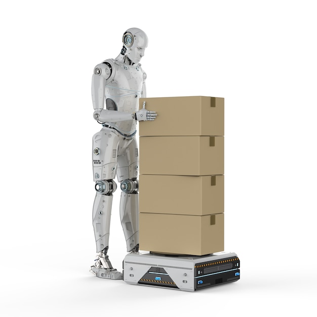 3d rendering robot work with warehouse robot carry cardboard boxes