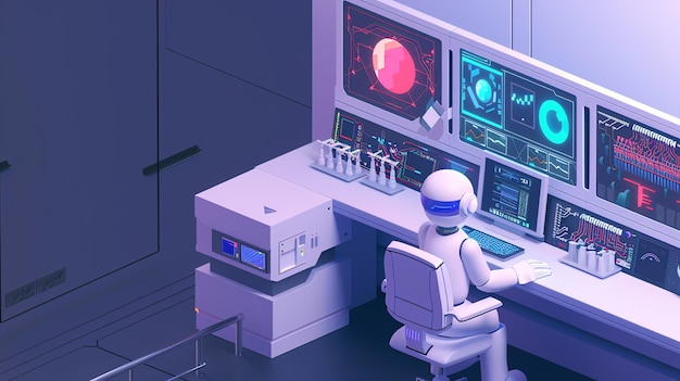 a 3d rendering of a robot working at a computer terminal with multiple monitors displaying data