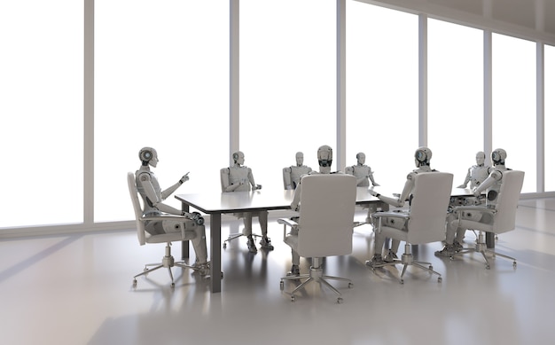 3d rendering robot working in office or conference room
