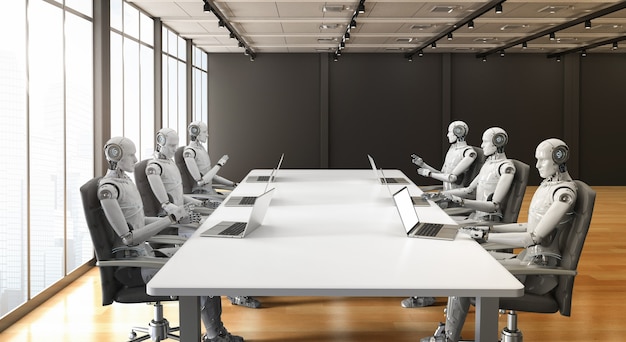 3d rendering robot working in office or conference room