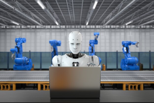 3d rendering robot working with notebook in factory