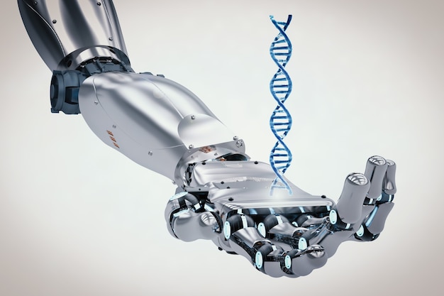 3D-rendering robotachtige hand met dna-helix