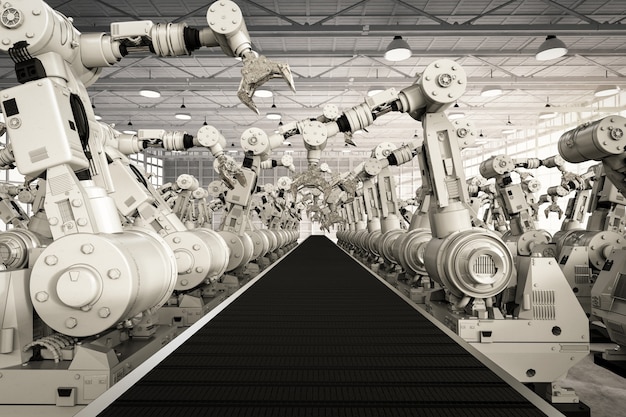 3d rendering robotic arms with empty conveyor belt