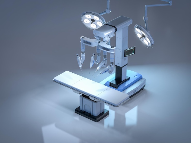 Photo 3d rendering robotic assisted surgery in operating room